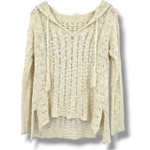 Hem & Thread Cream Crochet Knit Hoodie‎ Sweater Tassel Drawstrings Size S